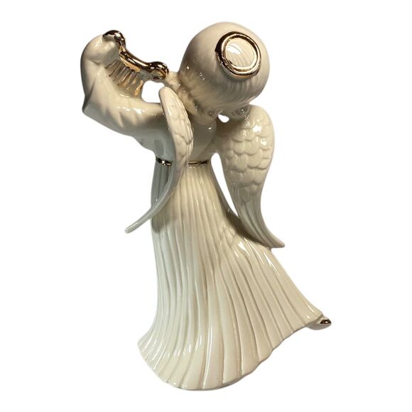 Vintage Angel With Harp Figurine White And Gold 12in 1970s - Picture 2 of 5